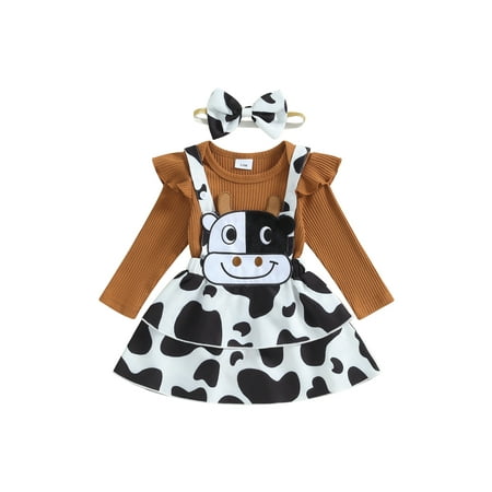 

Baby Girl Outfit Long Sleeve Romper Cow Suspender Skirt Headband