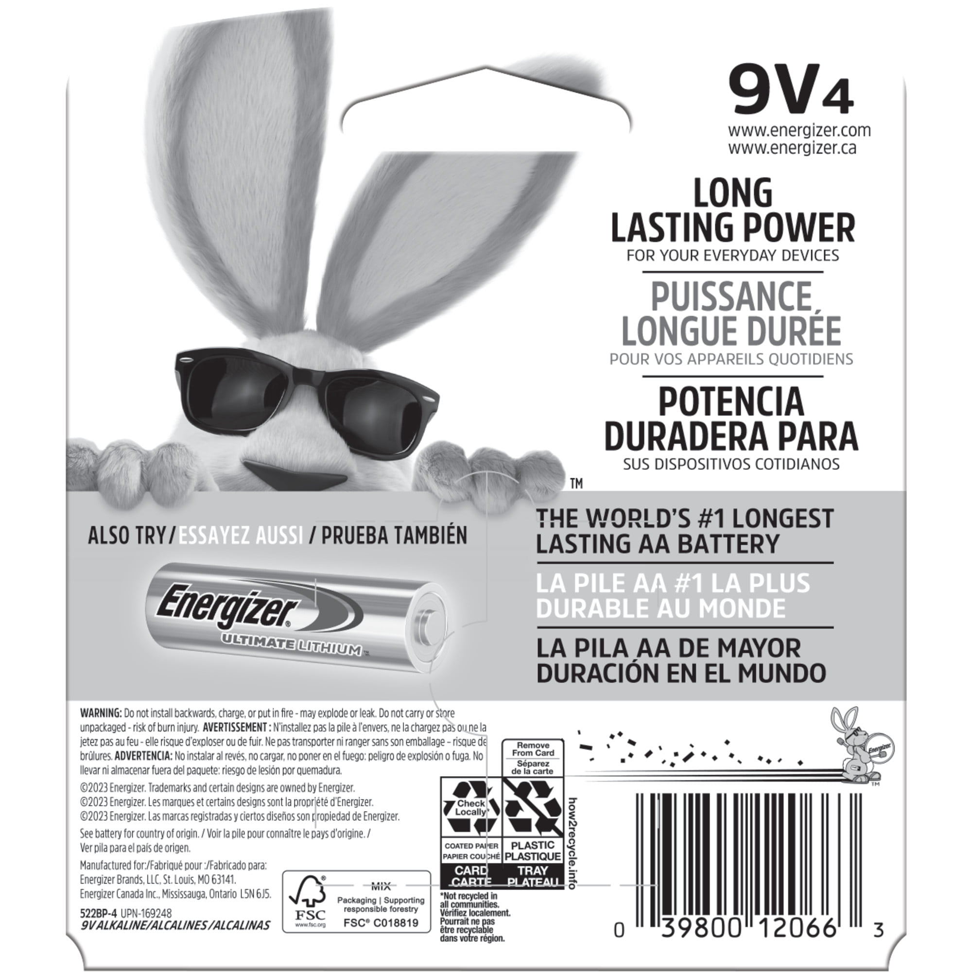 Energizer MAX 9V Batteries (4 Pack), 9 Volt Alkaline Batteries