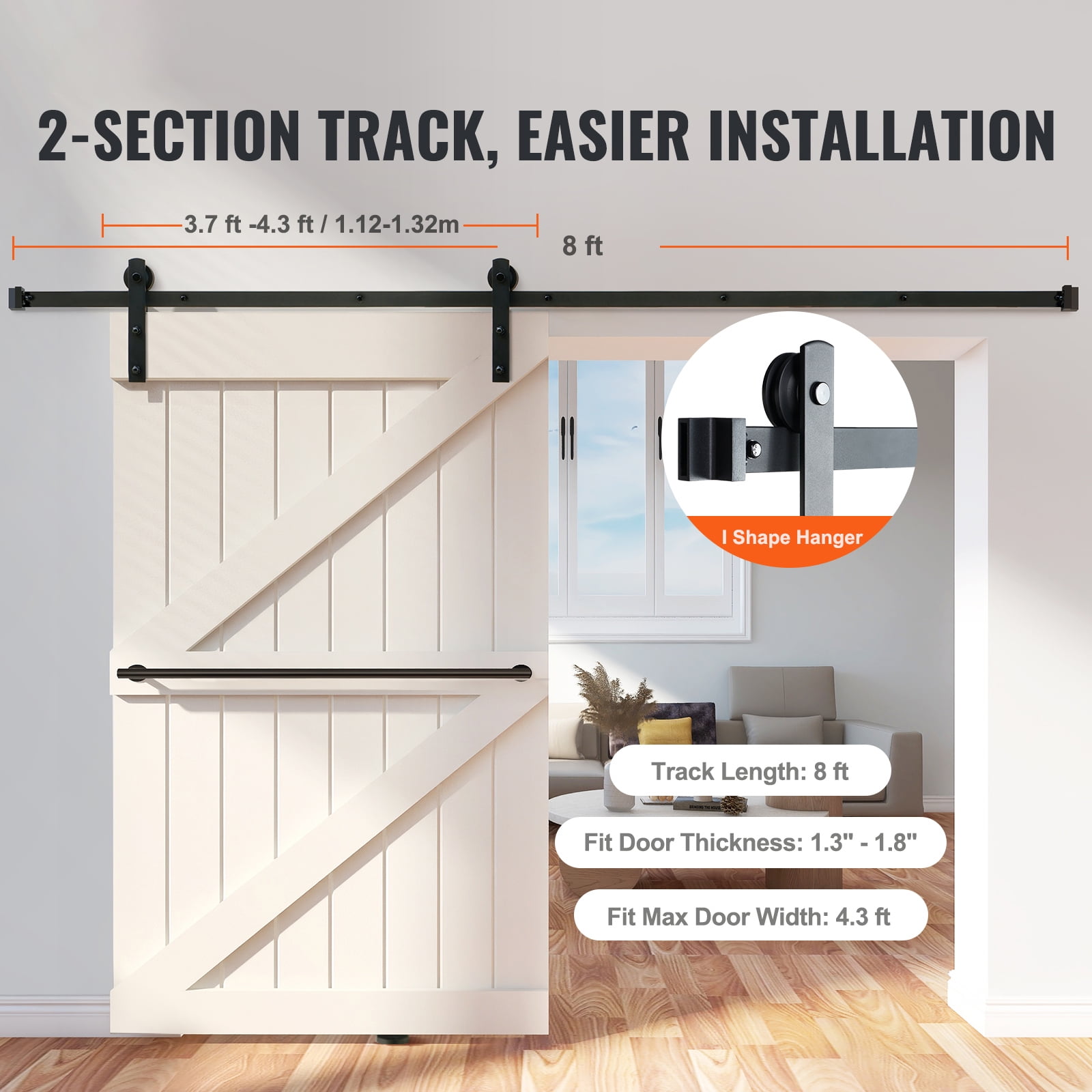 SKYSHALO 8FT Sliding Barn Door Hardware Set, Supports Up to 330LBS, Durable Track System for Single Door, Compatible with 3.7-4.3FT Width & 1.3"-1.8" Thickness Door Panels, Includes Quiet Rollers