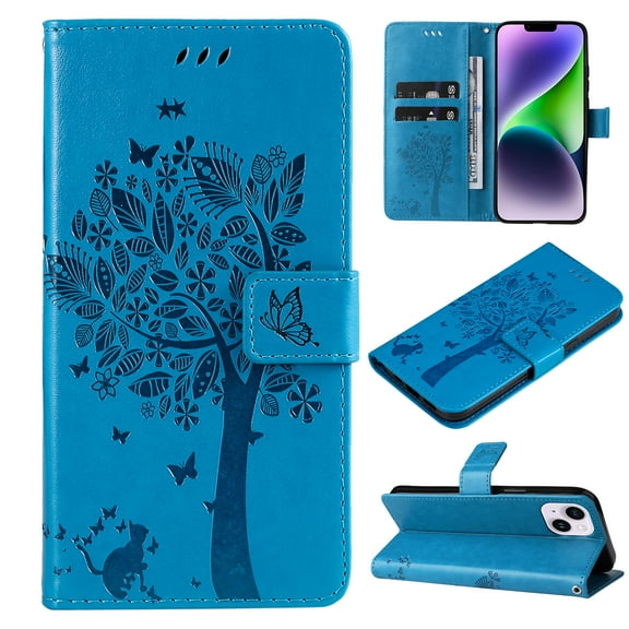 TECH CIRCLE Case for iPhone 15 Plus (2023) - [Embossed Tree Design] Protective PU Leather Wallet Case with [Card Holder /Wrist Strap] Fold Stand Folio Cute Cover Shell, Blue