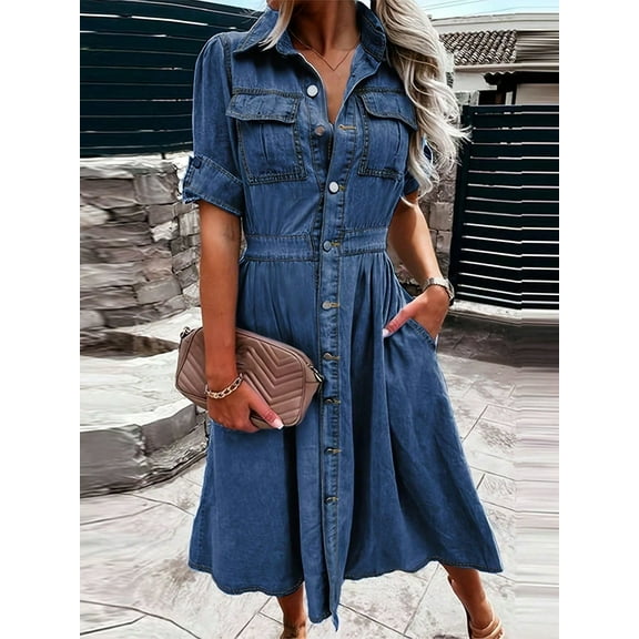 Women's Denim Shirt Dress V-Neck Short Sleeved Waist A-Line Jeans With Pockets Button Dress Fashion