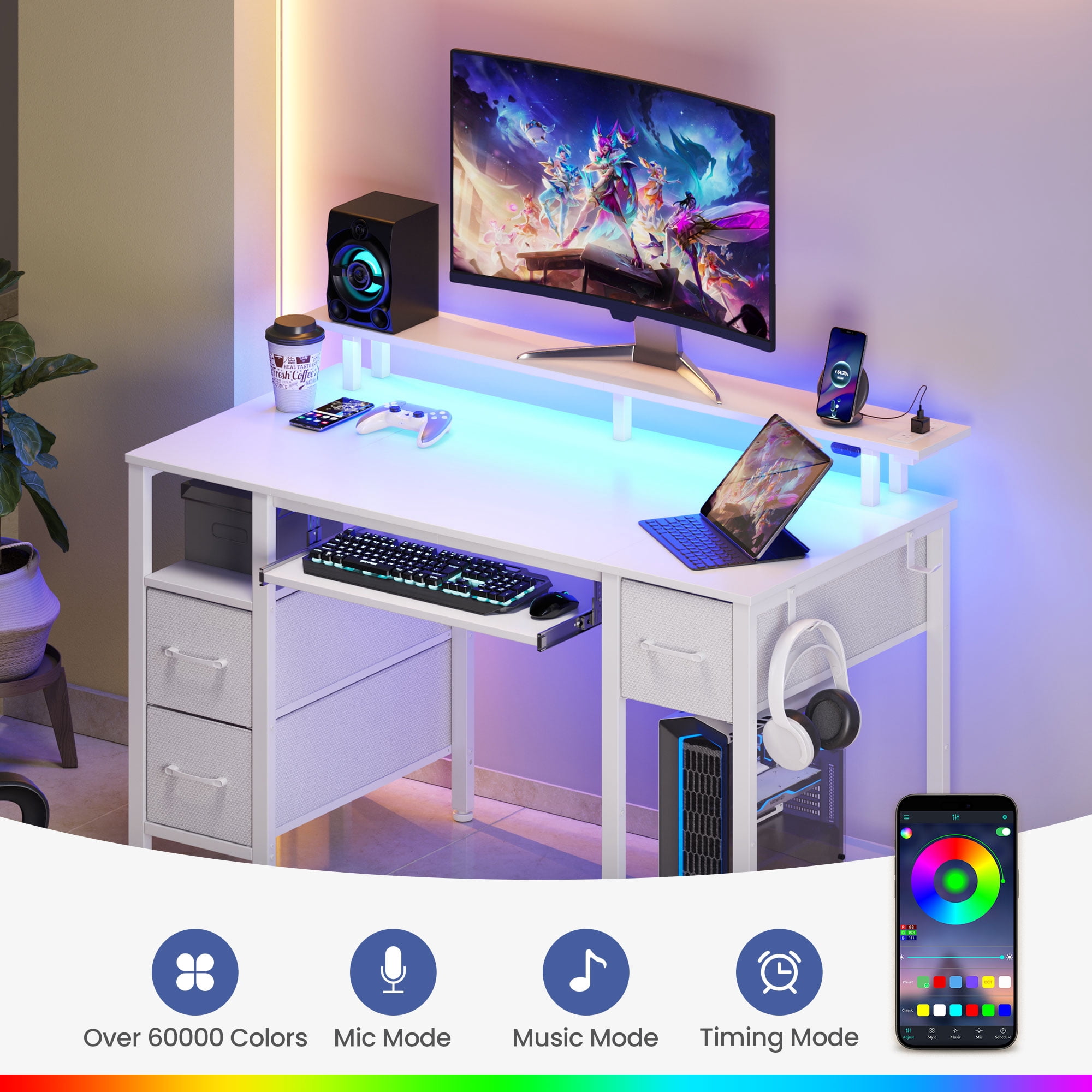 Greenstell 55 inch Gaming Desk with LED Lights, I-Shaped Computer Desk with Storage Drawers, Outlets and Monitor Stand,Home Office Desk, Cream White