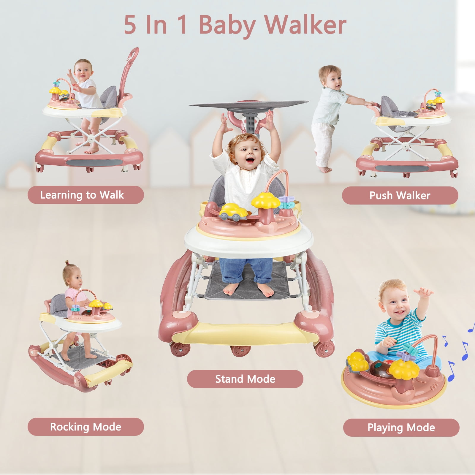 OUYI Foldable Baby Walker for Newborn & Toddler Safe - Sunshade, Foldable for Portability, Pink