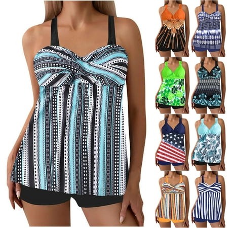 NXMZXB Plus Size Two Piece Swimsuits Boho Floral Printed Summer High Waisted Bathing Suits for Women Tummy Control Halter V Neck Tankini Top with Boyshorts(Dark Blue XXL)