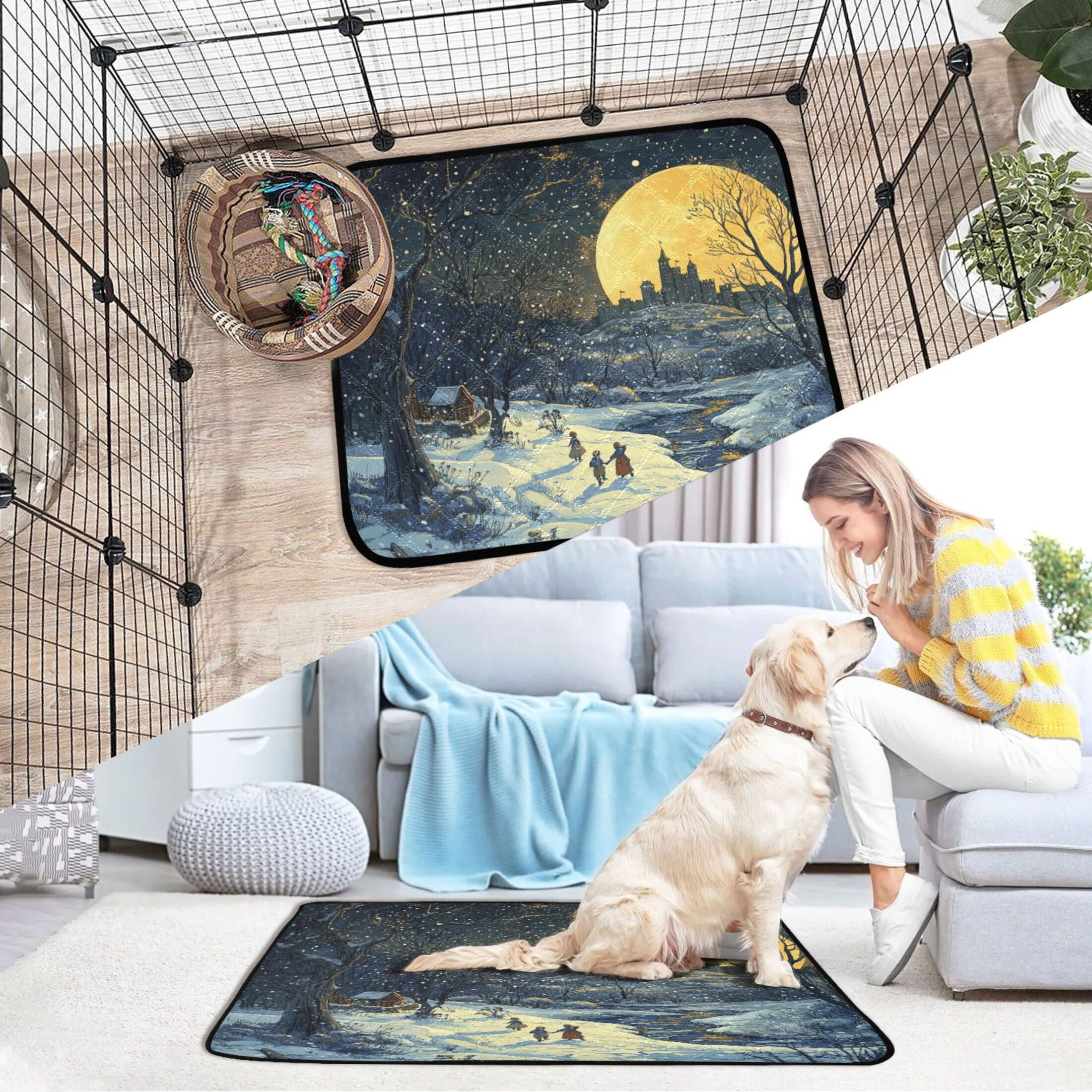 Qxltty Winter Village Scenery Cat litter Pads Pet Set of 2 Diaper Mats Center Anti-leakage Layer Absorbent Soft and Comfortable