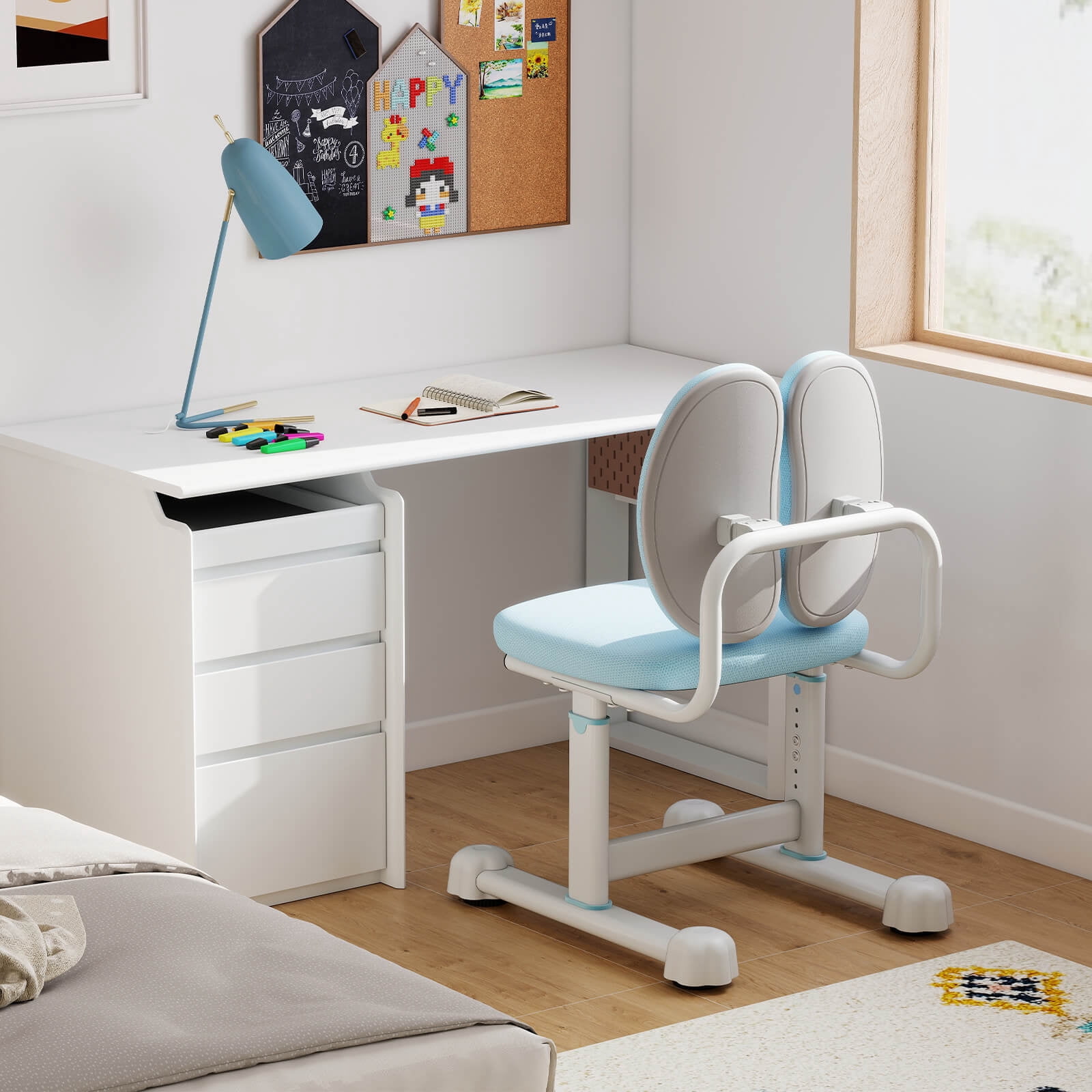 Costway Kids Desk Chair with Double Back Support Adjustable Height Upholstered Computer Chair Blue