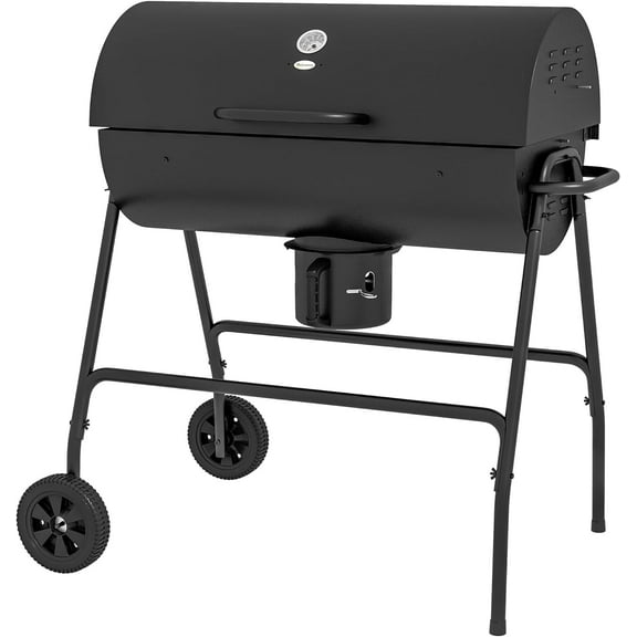 Barrel Charcoal BBQ Grill with 420 sq.in. Cooking Area, Outdoor Barbecue with Wheels, Ash Catcher and Built-in Thermometer for Patio Picnic, Backyard Party, Black