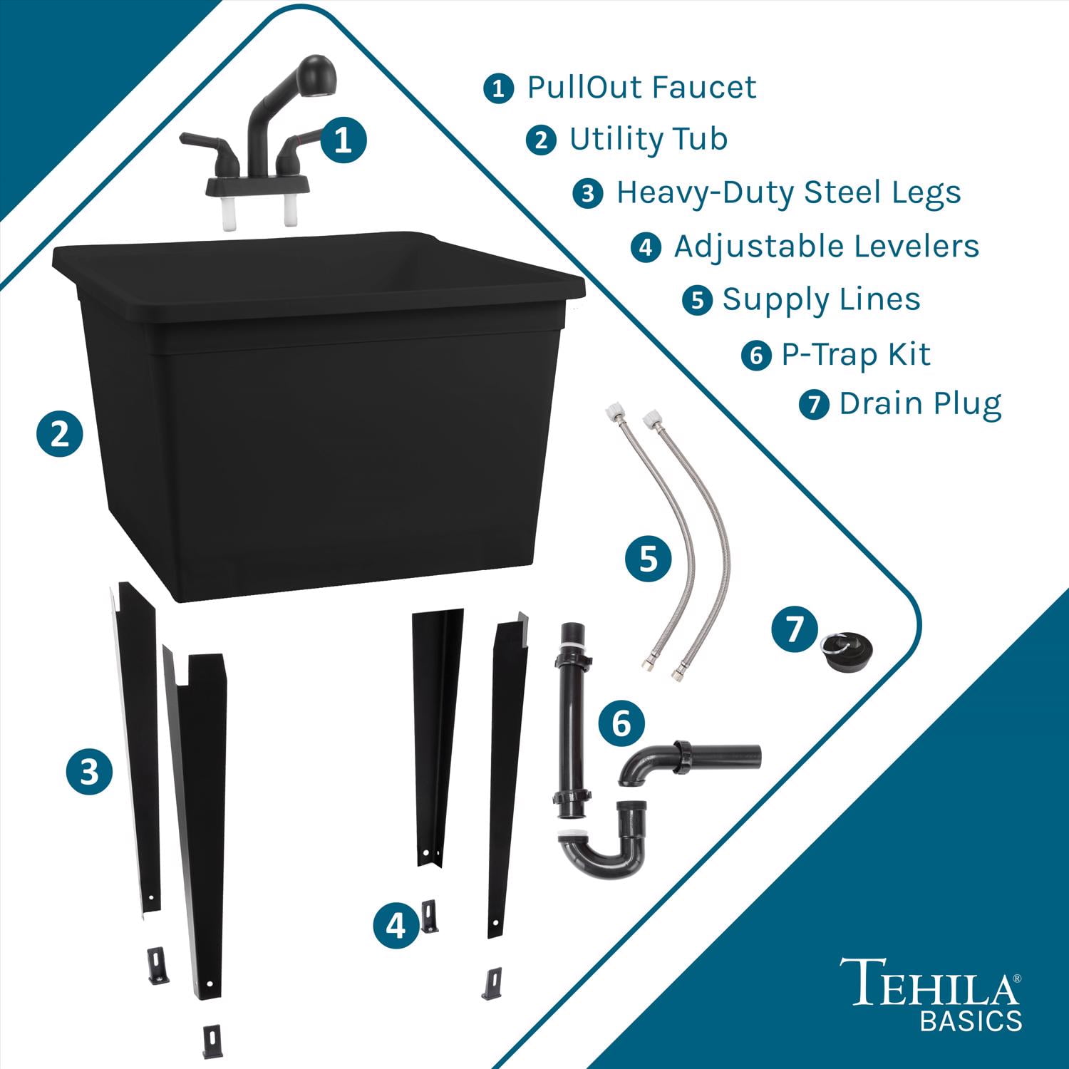 Tehila Standard Freestanding Black Laundry/Utility Sink, Black Finish Pull-Out Faucet