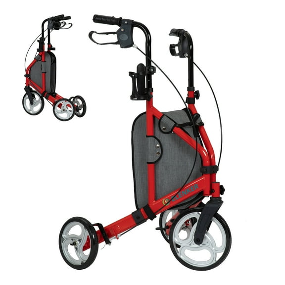 Elenker 3 Wheel Walker for Seniors, Foldable Rollator Walker with 10" Wheel, Height Adjustable, Red