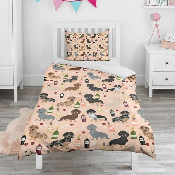 Black Cute Dachshund Dog and Wine Duvet Cover and Pillowcase Set for Single Bedding, Bedroom Accessories for Kids Teens
