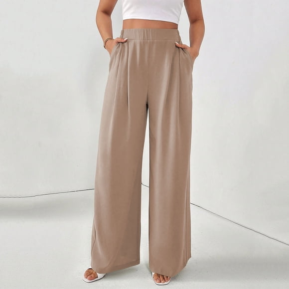 Mceream Suit Pants for Womens Solid Color High Rise Pockets Trousers Loose Lightweight Straight Leg Business Casual Pant Khaki XL