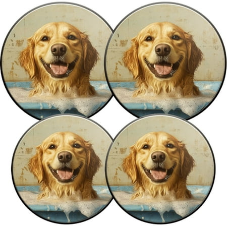 

Electric Stove Burner Covers 4 Pcs Round Gas Burner Cover 8 and 10 Inch Golden Retriever dog in blue metal bathtub