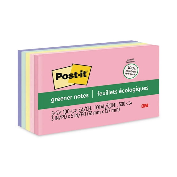 Post-it Original Recycled Note Pads, 3" x 5", Sweet Sprinkles Collection Colors, 100 Sheets Per Pad, 5 Pads Per Pack