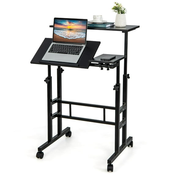 Giantex Mobile Stand up Computer Desk, Rolling Standing Laptop Cart w/2 Tilting Desktops & Sitting or Standing Modes