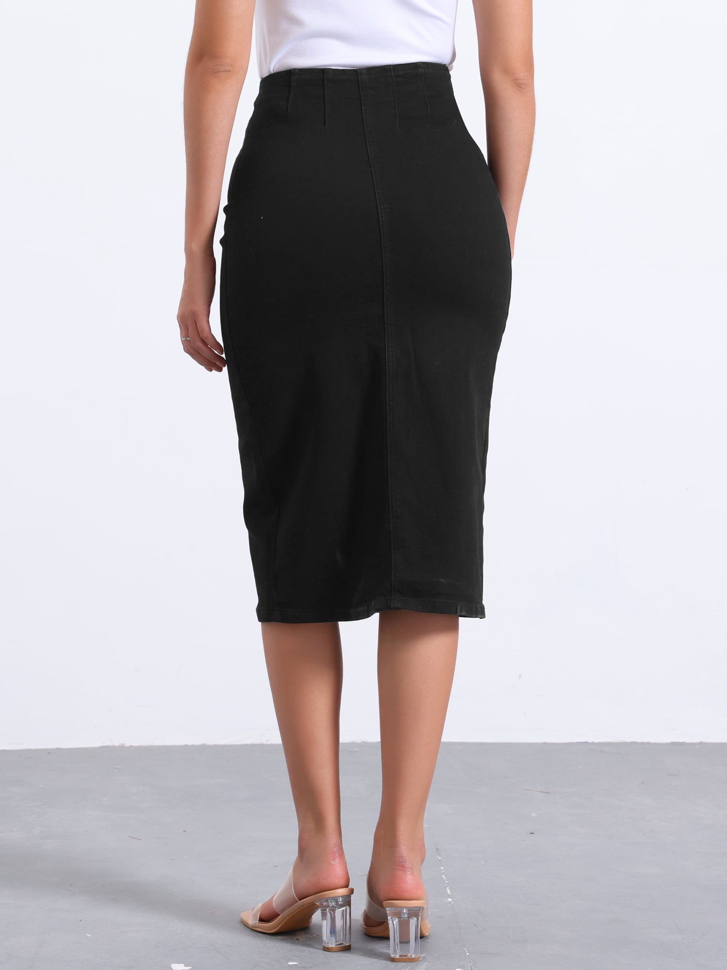 DARING DIVA Women's Denim Front Slit Zipper Bodycon Midi Jean Skirt L Black