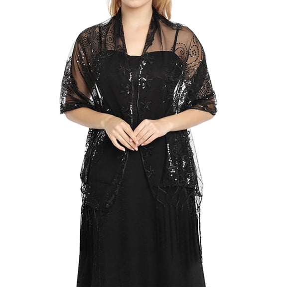 IYYVV Women's Sequin Embroidered Sheer Shawl Elegant Floral Evening Wrap for Wedding Party Lightweight Cover Up Black