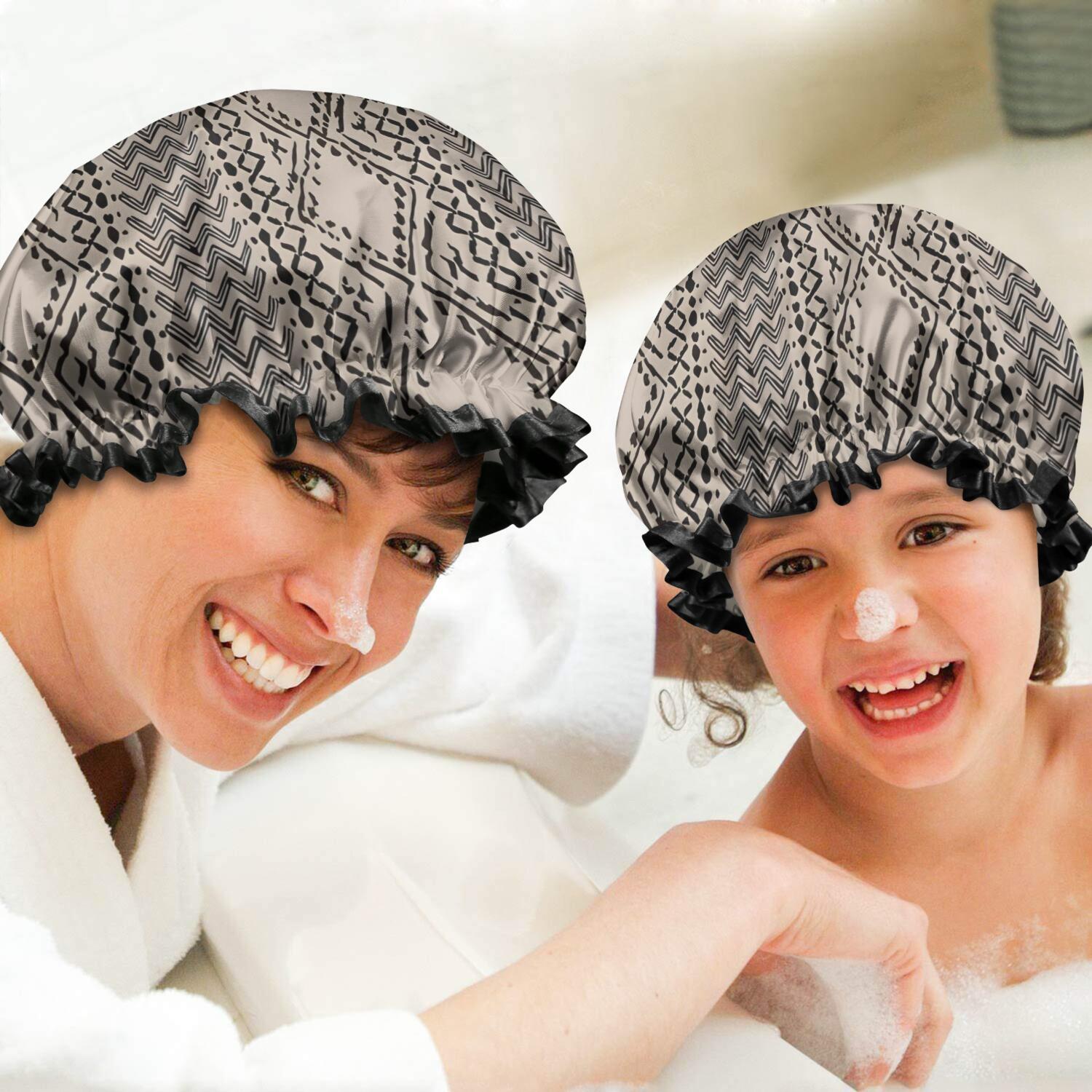 Shower Caps,Boho Black and White Ethnic Pattern Waterproof Shower Cap for Women 4 Pieces,Double Reusable Hair Cover for Shower PEVA Elastic Stretch Hem