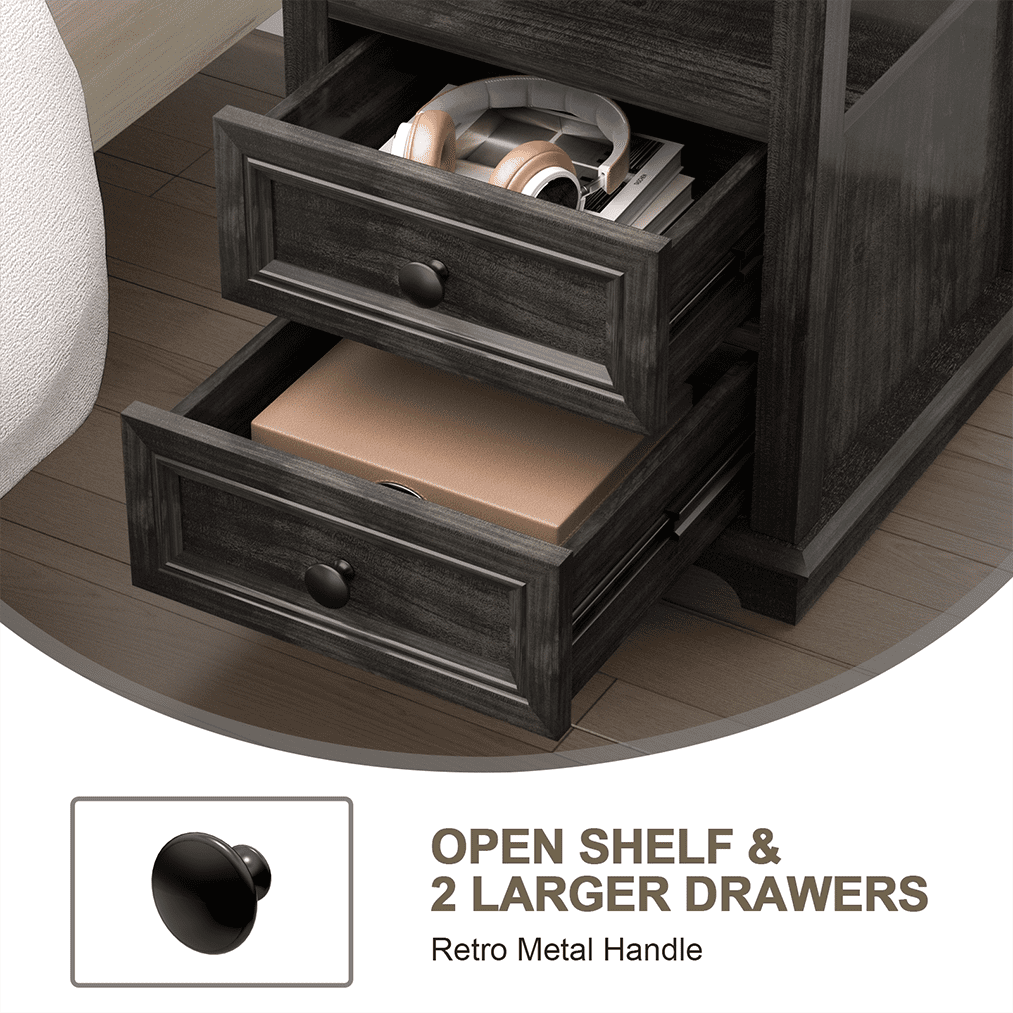REDAYFUR End Table with Fast USB C Charging Station,24” Tall Sofa Side Table with 2 Drawers, Large Storage Rustic Wood Square Storage Cabinet for Living Room,Bedroom,Office, Black