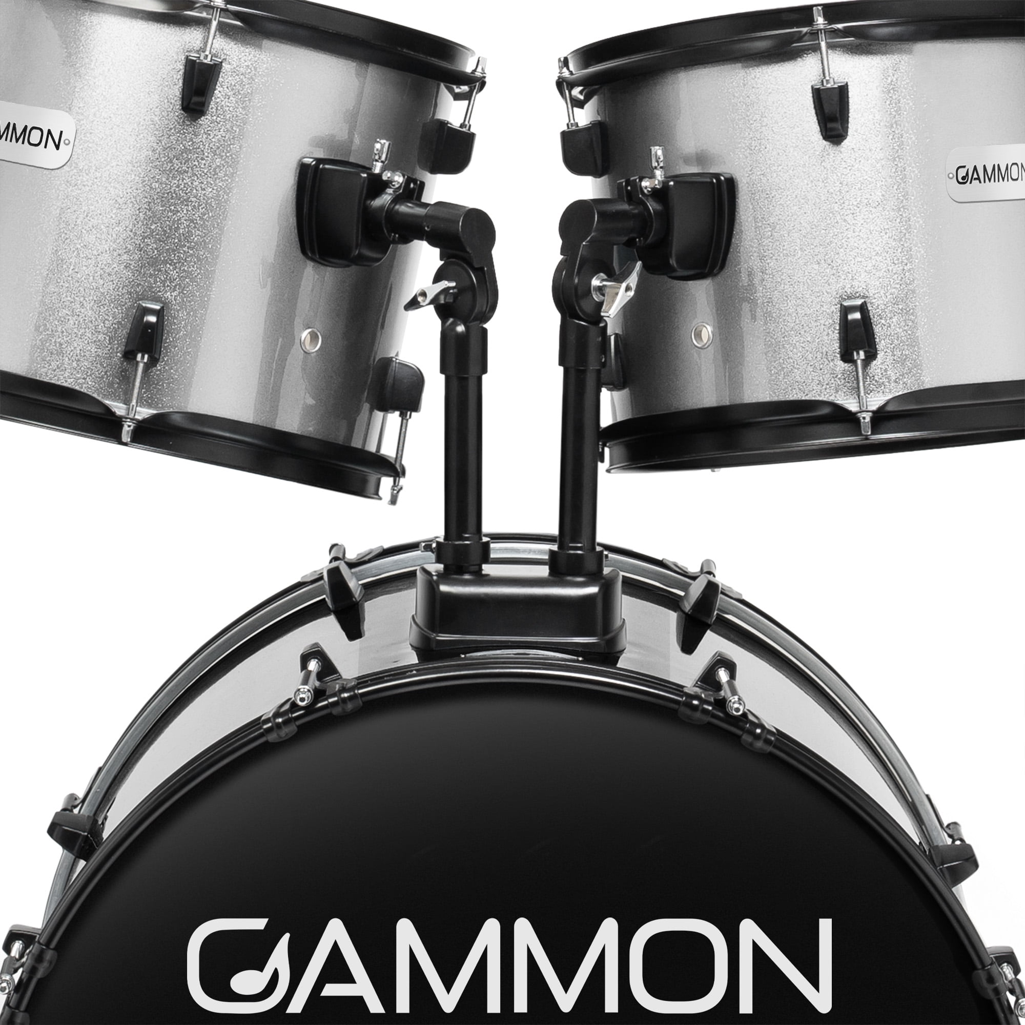 Gammon Percussion 5pc Adult Drum Set - Full Size Beginner Kit w/ Stool & Stands - Silver