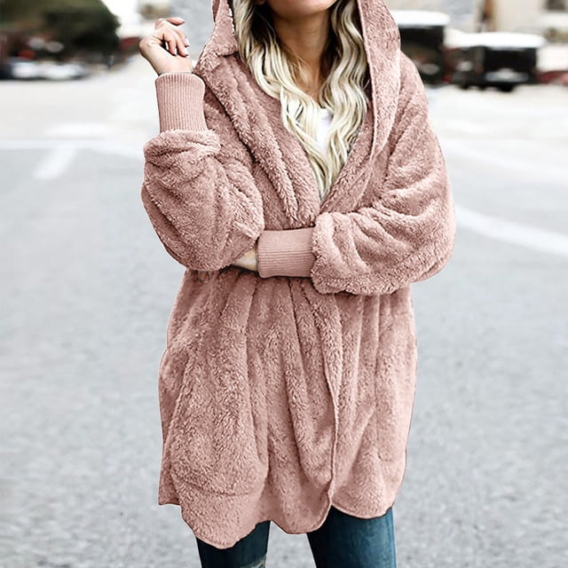 LSLJS Womens Fuzzy Fleece Open Front Hooded Cardigan Jackets Solid Color Casual Plush Outerwear Coats with Pockets