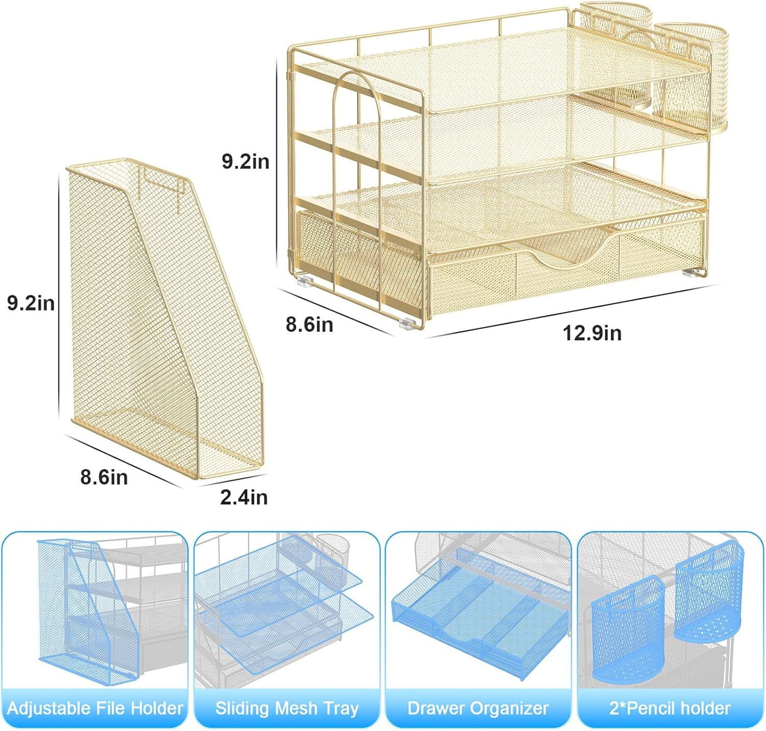 Desk Organizers and Accessories with File Holder, 4-Tier Desk Accessories & Workspace Organizers with Drawer and 2 Pen Holders, Paper Organizer for Office Supplies (Gold), gianotter