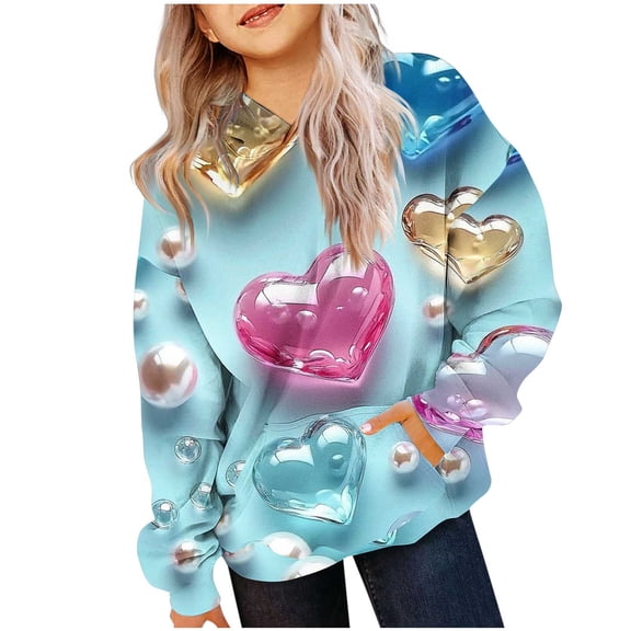 Unisex Kids' Valentine's Day Hoodie Boys Girls Heart Print Long Sleeve Pullover Festive Casual Sweatshirt Top with Pockets