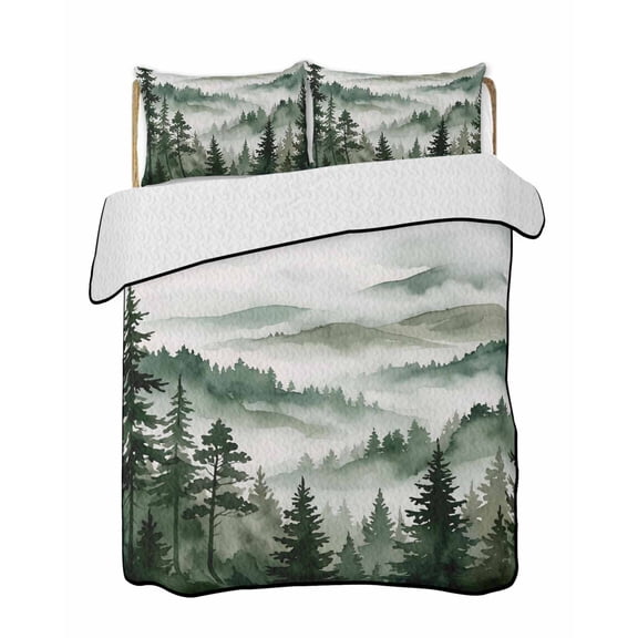 Quilts King Size Bedding Set, Dark Green Forest Lightweight Quilted Comforter, Watercolor Clouds Trees Mountain Soft Reversible Bedspread Coverlet with Pillow Covers for All Season, 96" x 106"