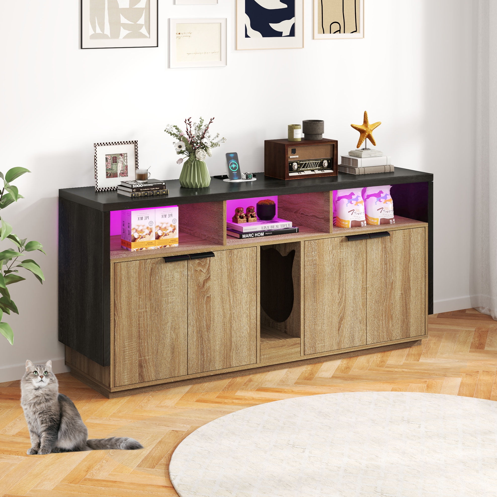 Craftian Cat Litter Box Enclosure with Power Outlet and LED Light, Wooden Long Cat Litter Box Enclosure TV Stand Furniture with Double Rooms - Oak