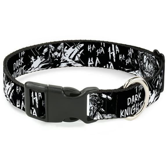 DC Comics Pet Collar, Dog Collar Plastic Buckle, Batman The Dark Knight and Joker Smiling Close Up Black, 7 to 8.5 Inches 0.5 Inch Wide