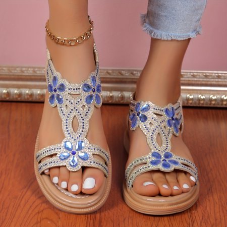 

SHENZHYIXINC Summer Casual Rhinestone Decor Flat Sandals with Comfortable Elastic Band Open Toe Design for a Stylish Look. Ideal for Any Occasion.