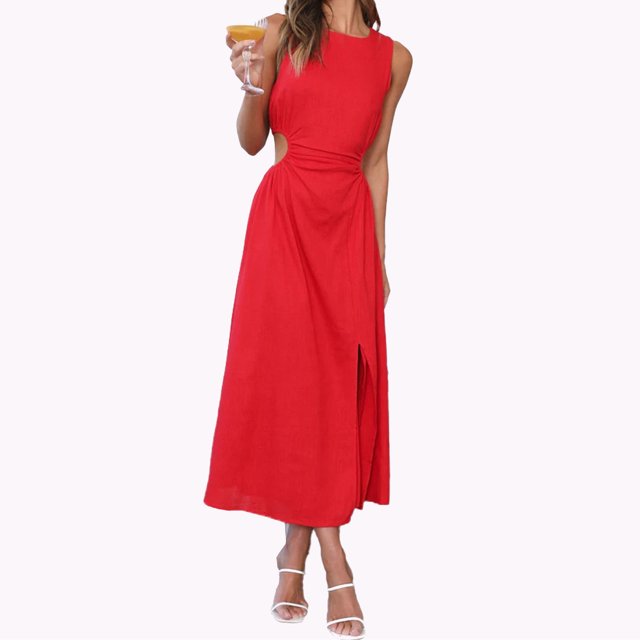 B91xZ Robe Sans Manches Grande Taille pour Femmes Manches Flottantes Robe Midi Smockée Col en V Robes Décontractées à Volants, Rouge TG