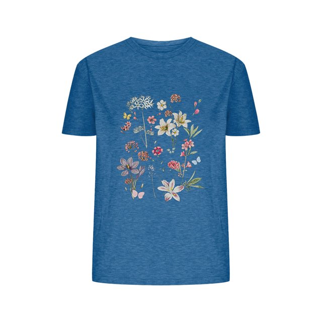 Camisetas de Verano de Mujer Pequeña Flor Impresa Cuello Redondo Manga Corta Superior, Verano Superior de las Mujeres