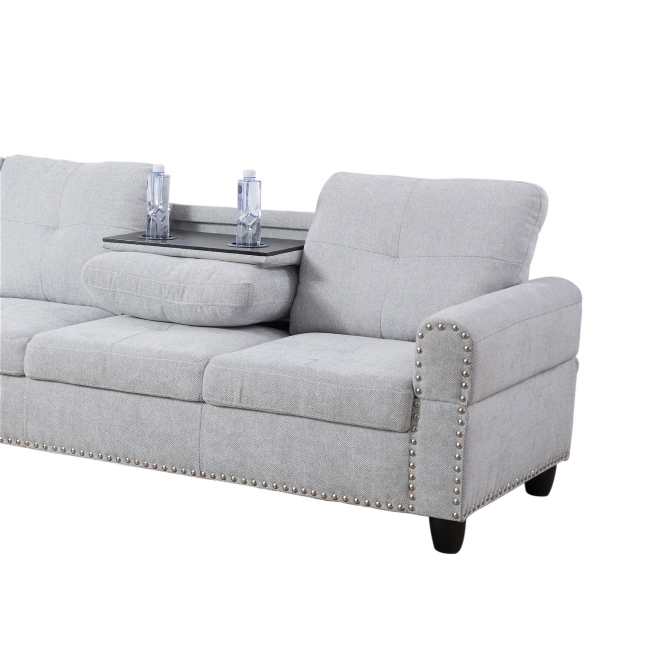 Aukfa 3 Piece Sofa Set, L shape Sectional Couch with Storage Ottoman&Cup Holder, Linen, Left Hand, Light Gray