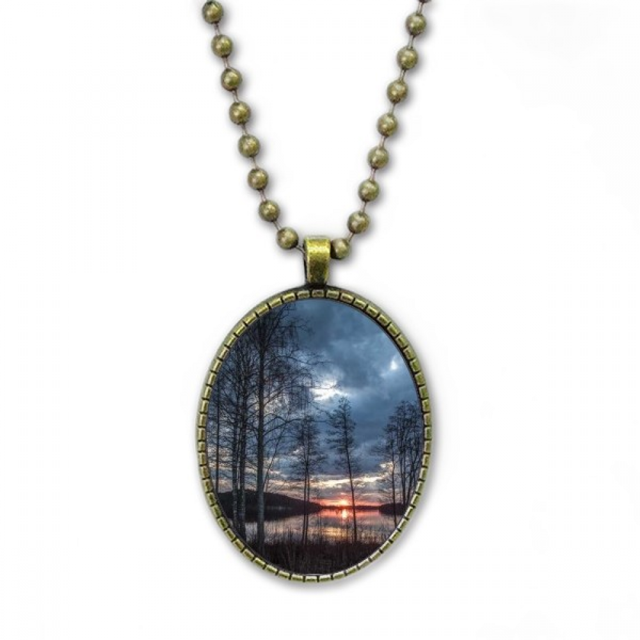 Lake Trees Science Nature Scenery Necklace Vintage Chain Bead Pendant Jewelry Collection