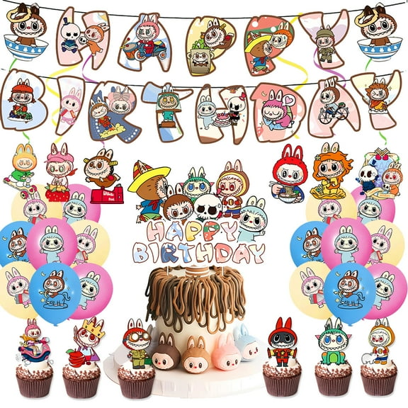 New Cute Cartoon Big Ears Bubu Theme Party Supplies Tableware Set, Party Paper Plates Cake Birthday Decorations, Suitable for Carnival Parties, Birthday Gatherings