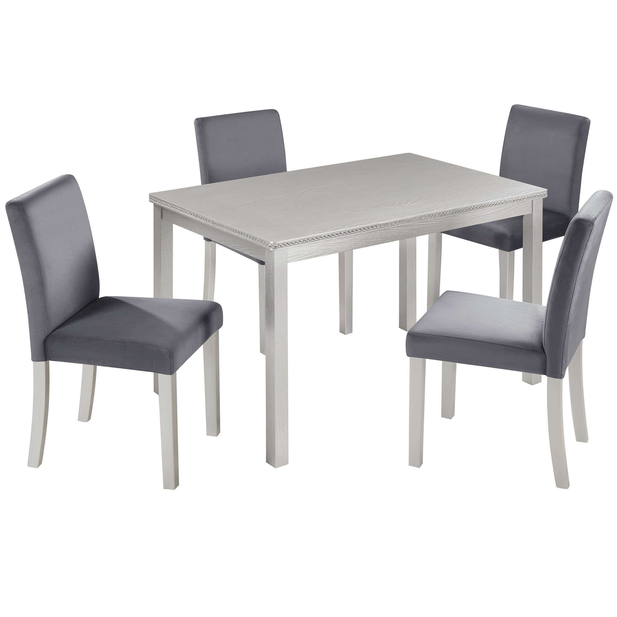 Aukfa Dining Table Set for 4, Rectangular Wood Kitchen Table W/ Upholstered Chairs, Crystal Decoration,Gray