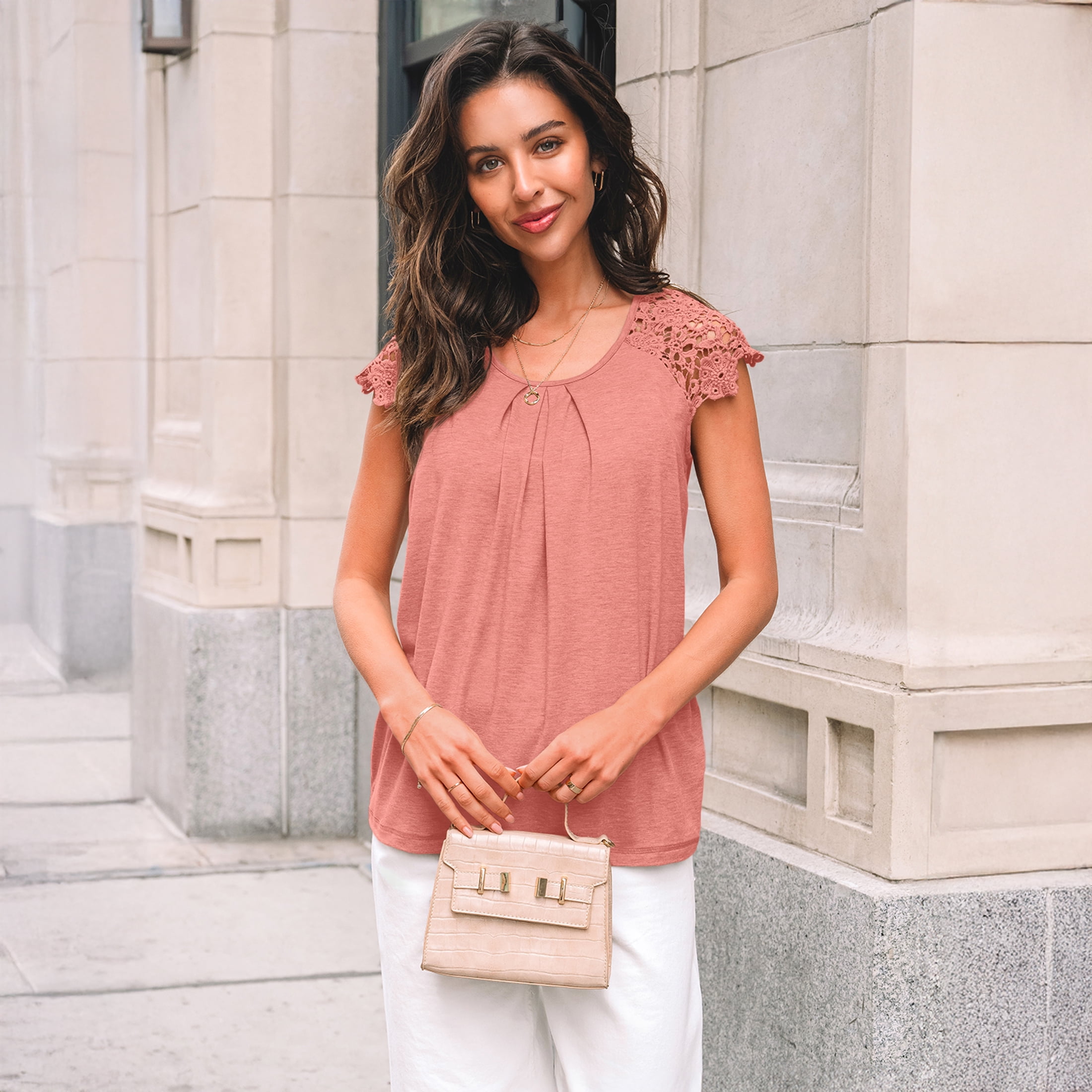 SUNBS Blouses for Women Lace Tops Pleated Short Sleeve Shirts Summer Business Casual Dressy Clothes