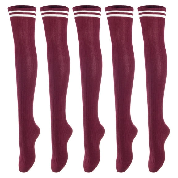 Lovely Annie Big Girl's Women's 5 Pairs Over Knee High Thigh High Cotton Boot Socks Size 6-9Wine 5p1c7