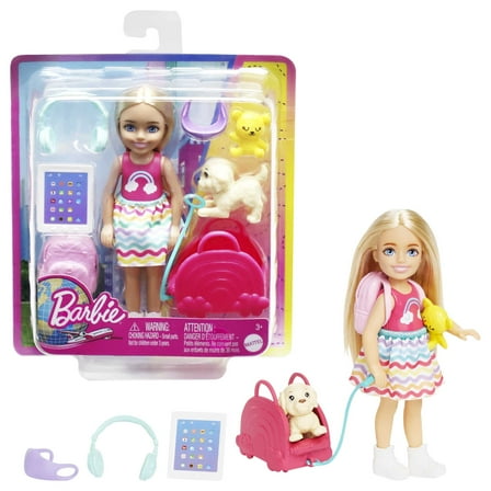 Barbie Chelsea Doll and Accessories, Small Doll Travel Set with Puppy and 6 Pieces
