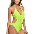 thumbnail image 4 of Women's Trendy Deep V Neck One Piece Swimsuit Cutout Fringe High Waisted Bathing Suit Monokini Swimwear Black Yellow XL, 4 of 8