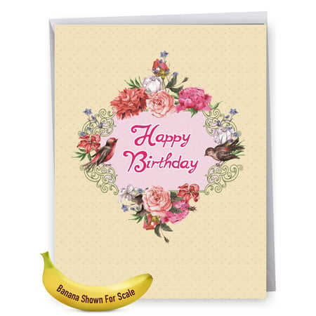 J6577GBDG Jumbo Birthday Card: 'Birthday: Birds and Blossoms' Featuring a Beautiful Arrangement of Peonies and the Flower's Fine Feathered Friends, Greeting Card with Envelope by The Best Card (Best Friend Wedding Card)
