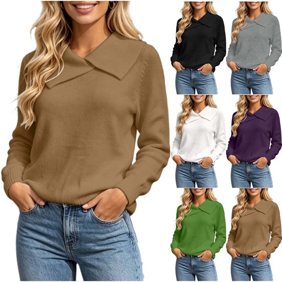 Vynhevius Women Sweater Solid Asymmetric Lapel Long Sleeve Casual Loose Knit Pullover Top