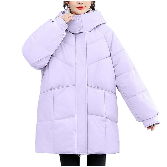 XPMWRP Women's Winter Thicken Puffer Solid Color Coat Warm Snow Quilted Jacket Casual Hooded Long Sleeve Fashionable Jacket Purple M
