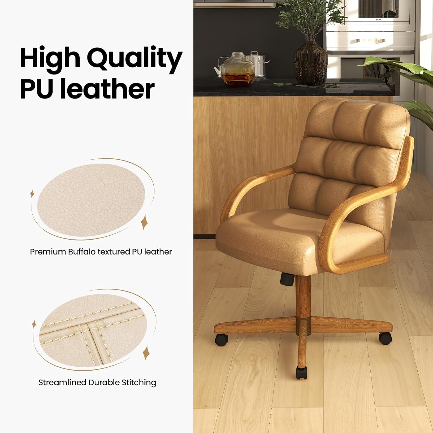 Chromcraft Douglas Swivel Tilt Dining Chair with Casters – Comfortable Cushioned Seat for Kitchen & Home Office, Taupe Upholstery, Chestnut Wood Accents, 1-piece set