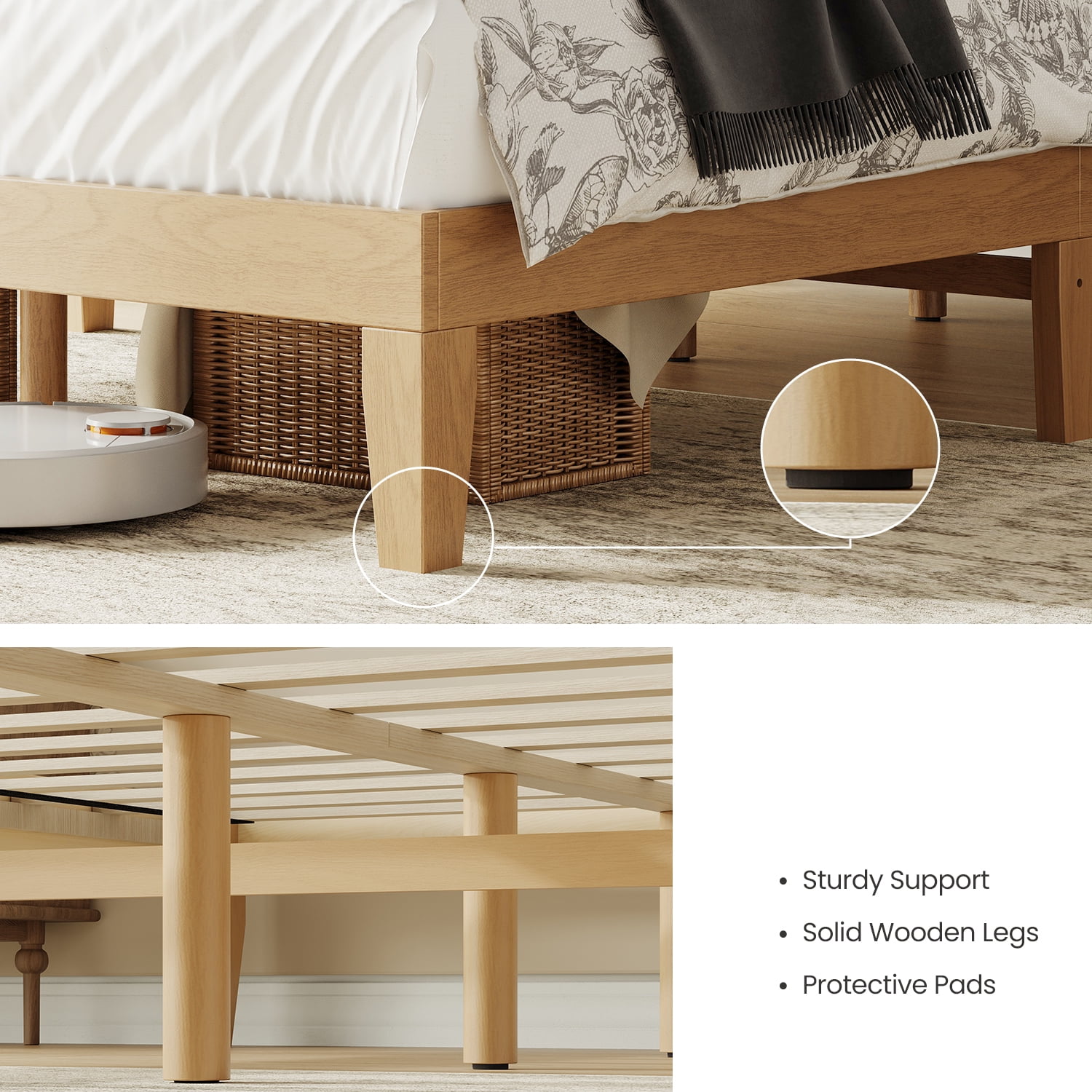 EOP Full Size Bed Frame, Solid Wood Bed Frame with Under Bed Storage, Platform Bed Frame with Wooden Slats, No Box Spring Required, Pine
