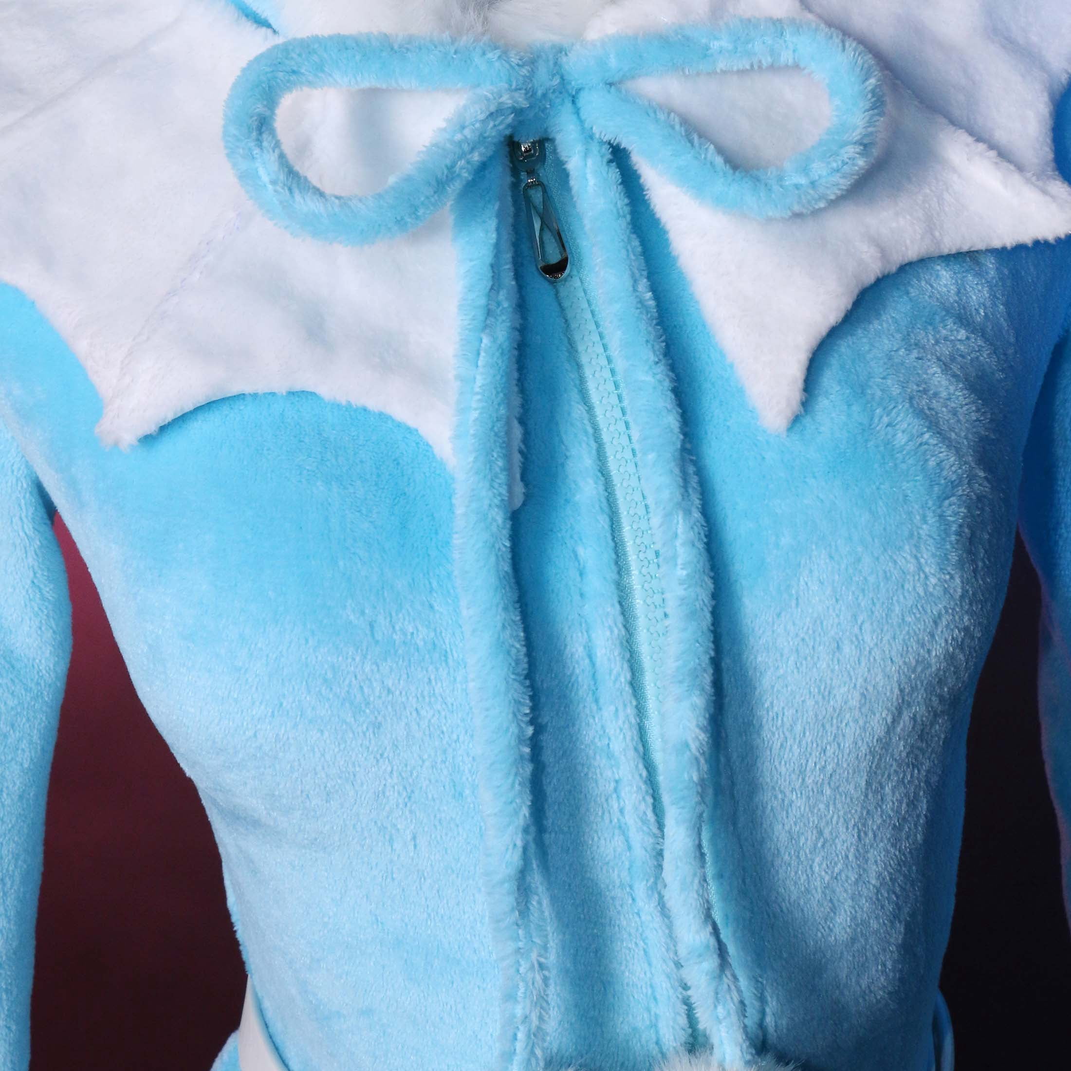 MOBBUNNY Women's PM Derivative Fluffy Bodycon Romper Sexy Lingerie Blue Furry Hooded Bodysuit Jumpsuit Homewear with Tail Belt and Socks, 3X4X