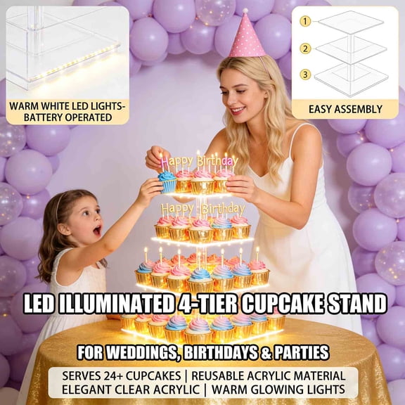 4-Tier Acrylic Cupcake Stand with LED Lights | Premium Dessert Display Holder for Wedding, Birthday, Party Decor | Warm White Glow