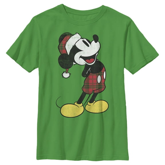 Boy's Mickey & Friends Christmas Plaid Distressed Portrait Graphic Tee Kelly Green Small