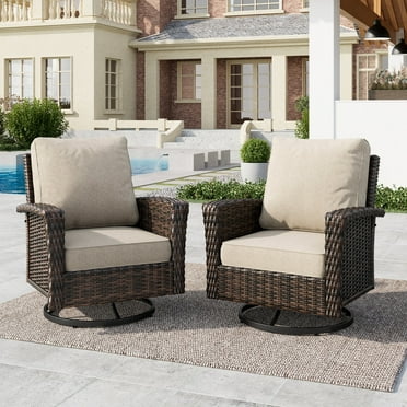 2-Piece Outdoor Swivel Chairs, Wicker Patio Club Lounge Chairs With Backrests & Cushions for Garden, Pool, Porch, Yard, Beige