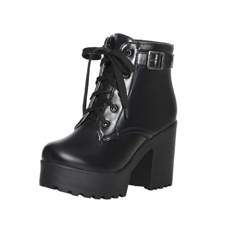 

Winter Savings Clearance Deals 2022! VEKDONE Women s Velvet Warm Front Lace Up Belt Buckle High Heeled Thick Heel Round Toe Short Boots